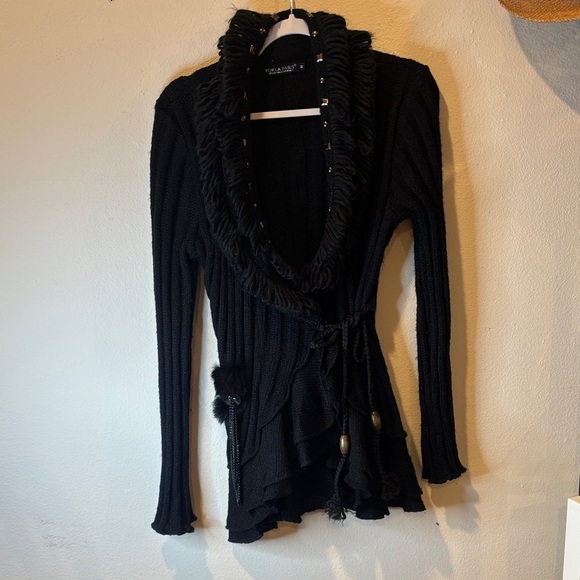 Elegant Black Knit Cardigan with Fur Trim - Picture 1 of 10